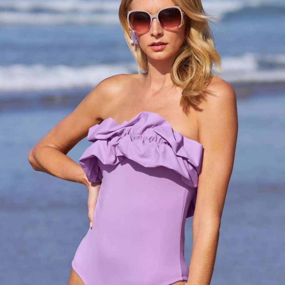 NWT AMITA NAITHANI x BOSTON PROPER Lilac Ruffle Strapless One Piece Swimsuit L